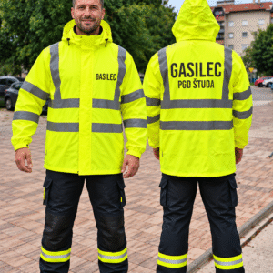 Odsevna dežna jakna FLASH JACKET za gasilce z napisom GASILEC in personaliziranim nazivom PGD na hrbtni strani.