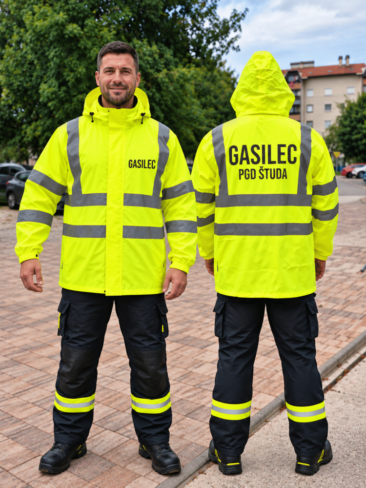Odsevna dežna jakna FLASH JACKET za gasilce Odsevna dežna jakna FLASH JACKET za gasilce z napisom GASILEC in personaliziranim nazivom PGD na hrbtni strani.